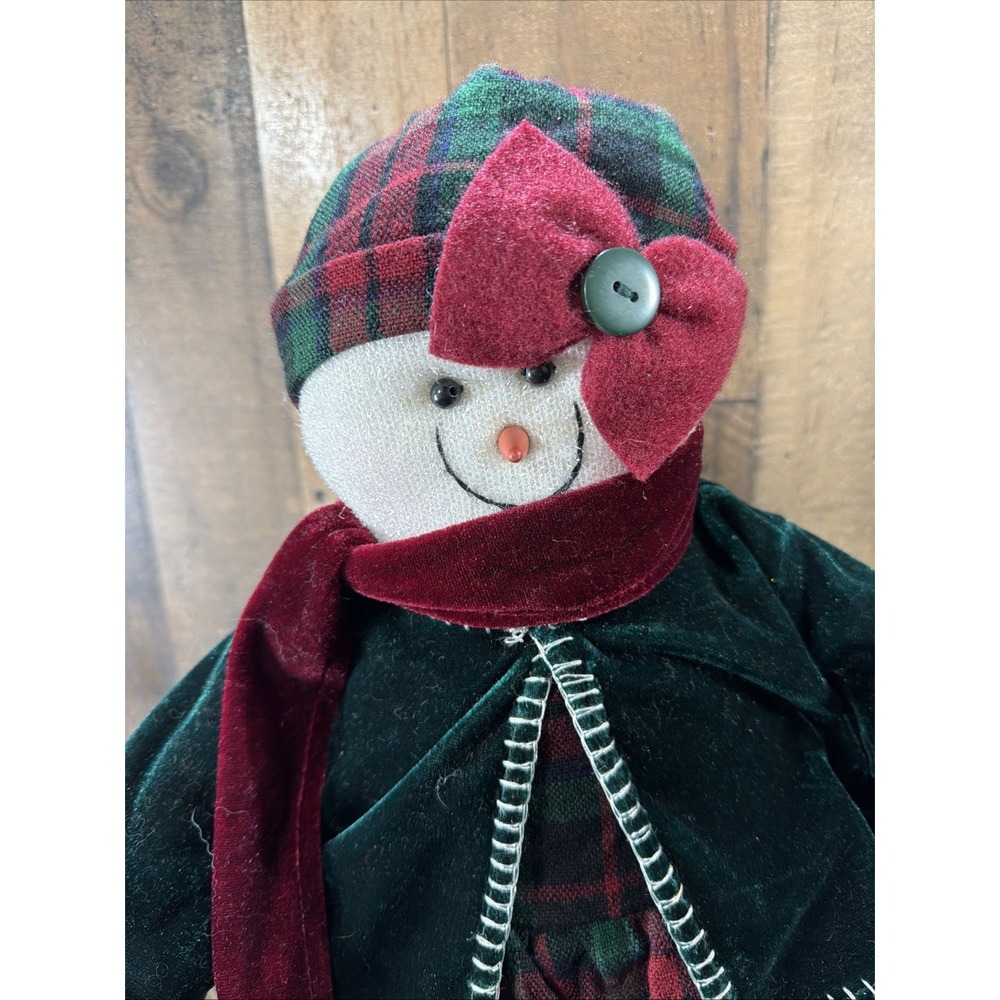 Christmas Snow Woman Plush Doll 18" Plaid Dress Velvet Cape Hat Shelf Sitter Vtg - Picture 10 of 16
